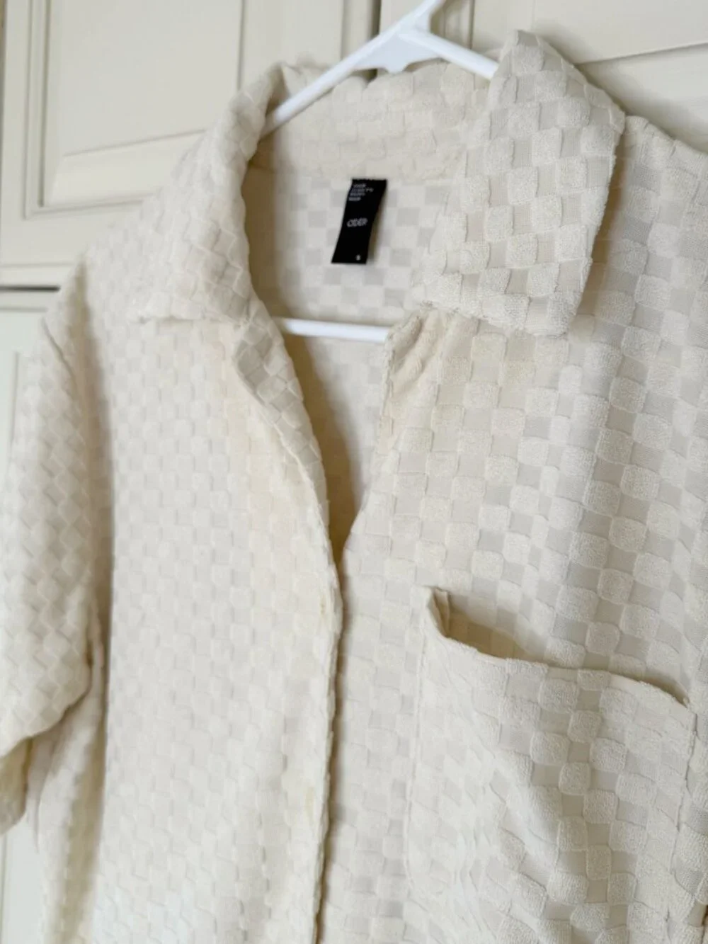 CIDER Cream Textured Check Collared Button Up Top Small